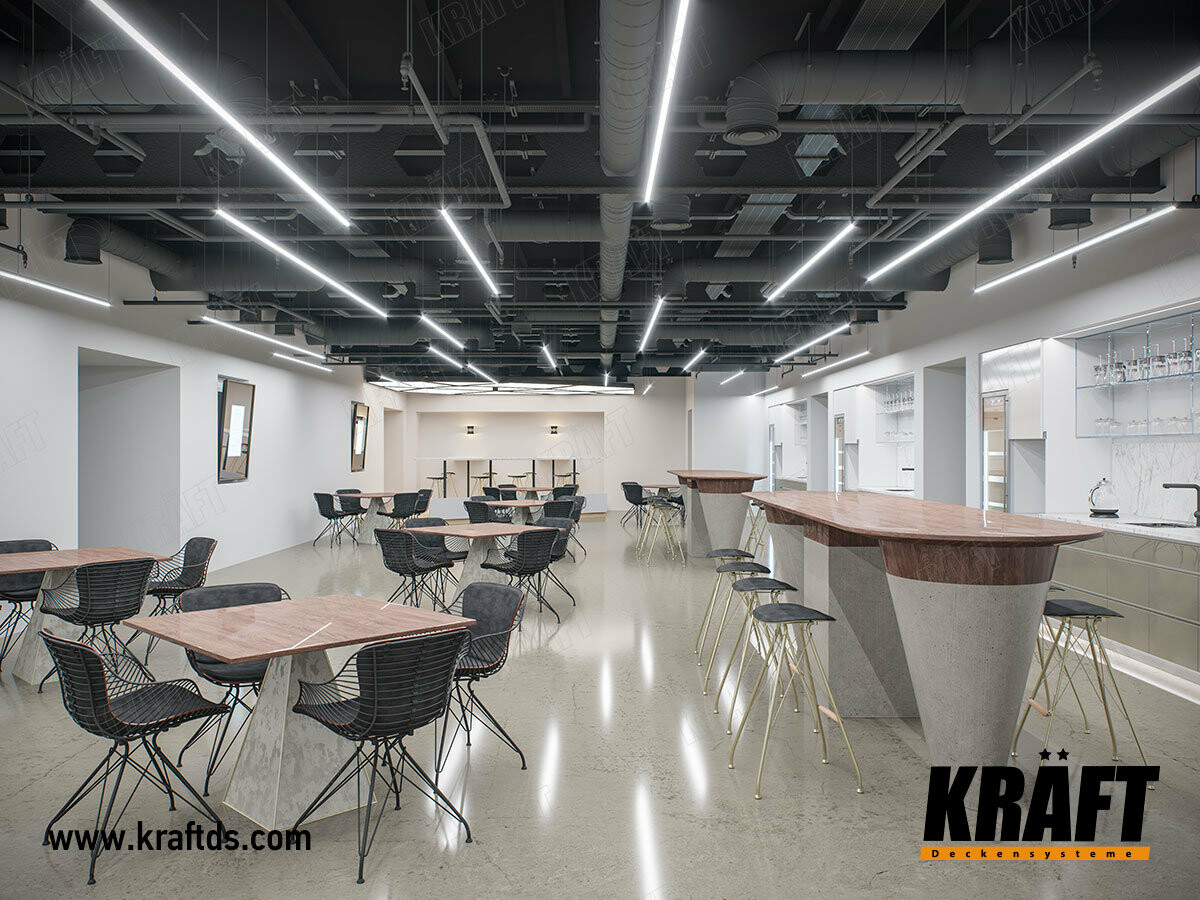Система освещения KRAFT T-Led на подвесном потолке в интерьере кафе, ресторана, офиса
