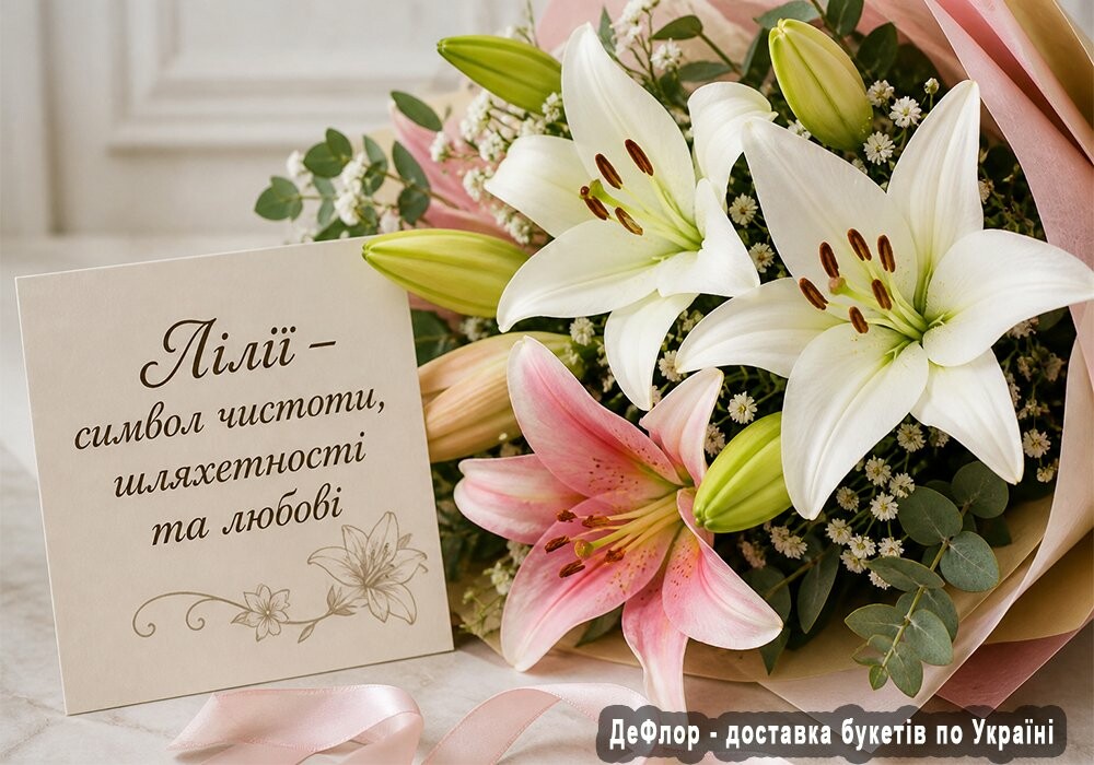 Що означають лілії мовою квітів - символіка та значення букета Букет білих і рожевих лілій з написом про символіку квітів мовою квітів
